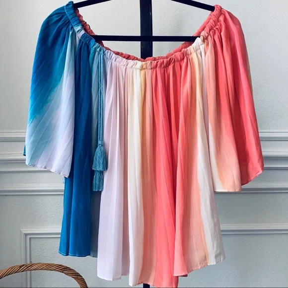 ECRU RAINBOW SILK TUNIC TOP WITH TUSSLES - Picture 14 of 16